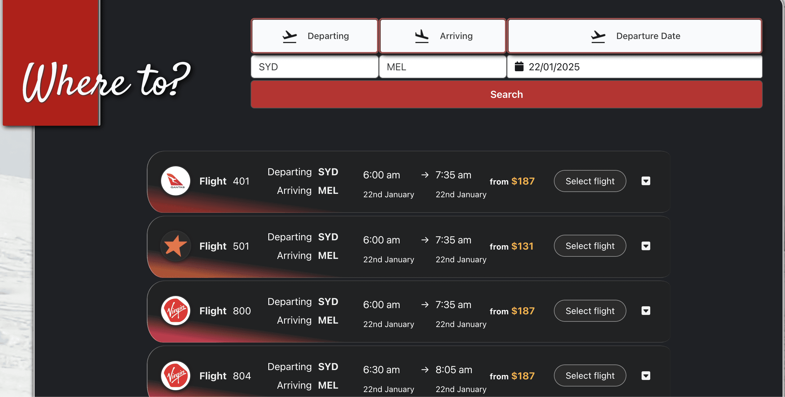 Burning Airlines application interface